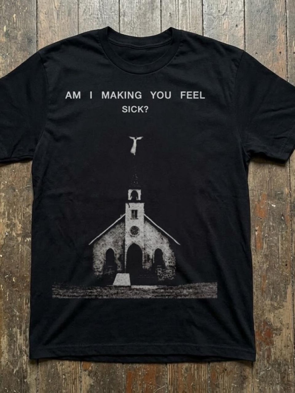 Gildan Black Graphic Tee with Church Illustration